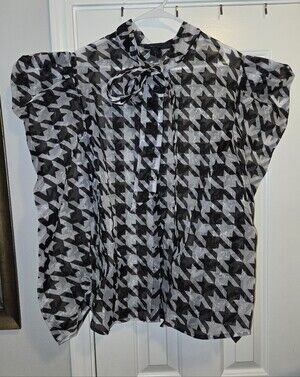 Ashley Stewart Black & White Houndstooth Tie-Neck Blouse